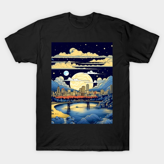 Full Blue Moon Over Portland Oregon on a Dark Background T-Shirt by Puff Sumo